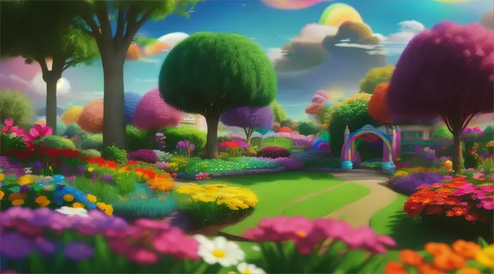 3d Pixar animation of a rainbow in a colorful garden