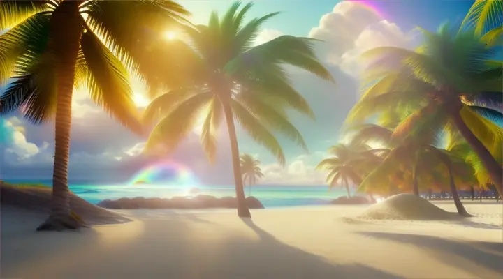 3d Pixar animation of a beautiful rainbow in a long beach