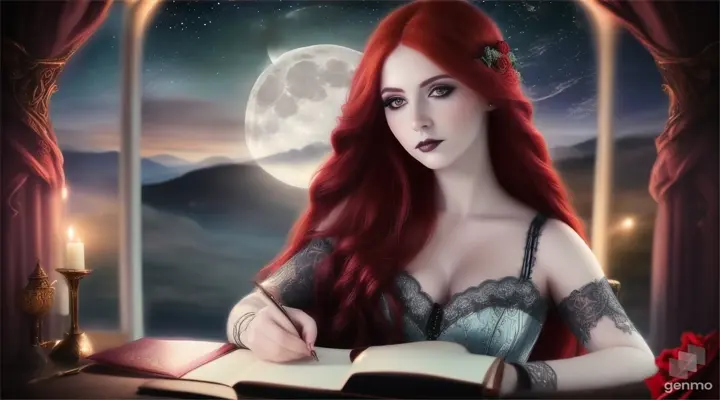 A beautiful gothic goddess with long rose-red hair sitting in front of the window writing in her journal, night, moon, stars, landscape, widescreen