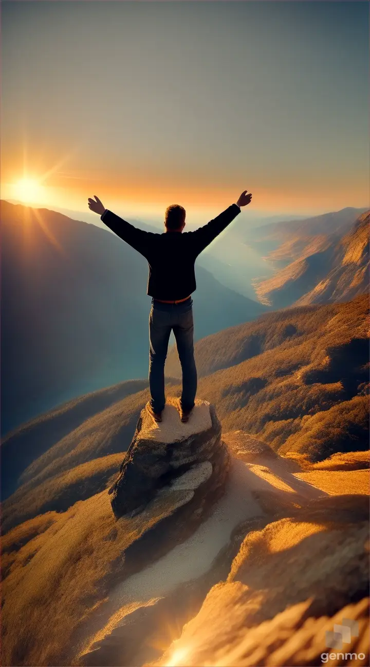 Man on top of a mountain, raising his arms, facing the sun