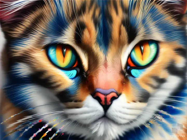 a painting multicolor of a cat with blue eyes