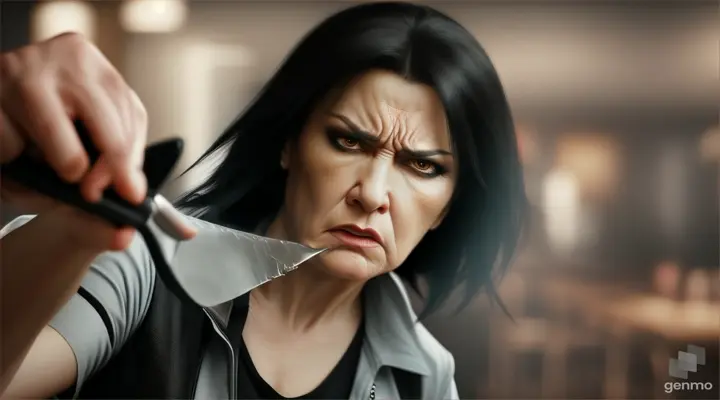 An angry-looking woman in her 50s, black hair, holding a knife and attacking, realistic