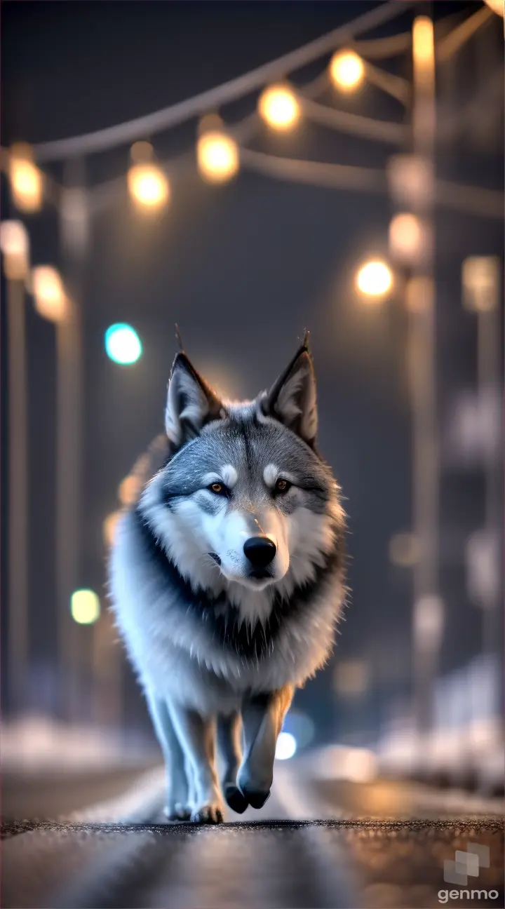 lobo hermoso caminando en el calle ,nieve ,perfecta 8k , realisitico en la noche