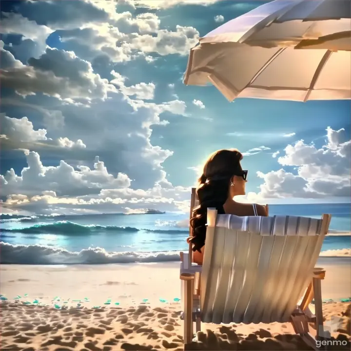 a woman sitting in a beach chair under an umbrella