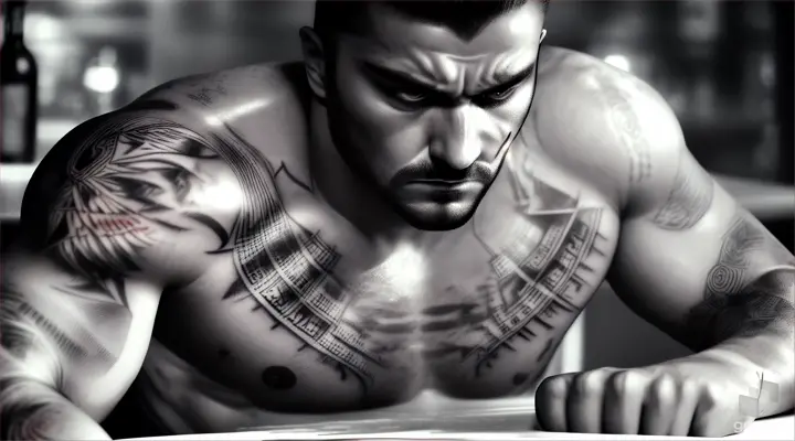 A sorrowful demon with a face etched in sadness stands out vividly against the stark white of cocaine. In a dimly lit bar, sits at the table and violently beats his chest with his fist, or warm studio setting, he is captured in a tattoo, his emotions palpable. Sitting next to him is a striking red-haired woman, adding contrast to the scene. This haunting image, perhaps a highly detailed painting or photograph, depicts a dark yet compelling narrative with exquisite detail and emotion. Every element in the composition is richly described and of exceptional quality
