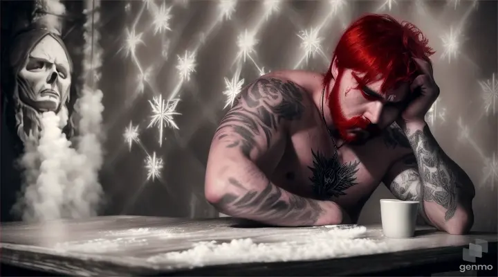 A sorrowful demon with a face etched in sadness stands out vividly against the stark white of cocaine. In a dimly lit bar, sits at the table and violently beats his chest with his fist, or warm studio setting, he is captured in a tattoo, his emotions palpable. Sitting next to him is a striking red-haired woman, adding contrast to the scene. This haunting image, perhaps a highly detailed painting or photograph, depicts a dark yet compelling narrative with exquisite detail and emotion. Every element in the composition is richly described and of exceptional quality