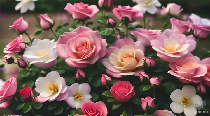  small rose Show Gulu happily blooming alongside the other flowers, each one showcasing its own beauty. Create a heartwarming image of unity and diversity in the garden.



