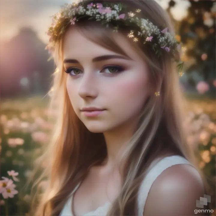 A beautiful European young woman opens her eyes and closes her eyelids. The girl blinks slowly. A wreath of small wildflowers on her head.