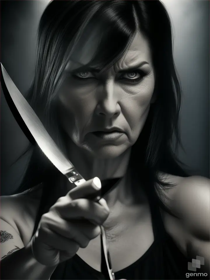 An angry-looking woman in her 50s, black hair, holding a knife and attacking