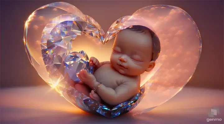 An awe-inspiring 3D render of a glowing crystal heart, enclosing a lifelike baby within its radiant embrace. The heart emits a soft, warm light that gently illuminates the delicate features of the baby and the intricate details of the surrounding rose. A tender message, "Amanda ," is artfully inscribed within the heart, adding a personal touch to this captivating scene. The serene background features a picturesque landscape of lush green hills and a breathtaking sunset, casting a warm, golden glow over the entire composition. This cinematic, vibrant image captures the essence of nature's beauty and serves as a heartfelt tribute to the ones we cherish., vibrant, cinematic, 3d render, wildlife photography