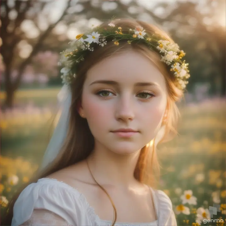 A beautiful European young woman opens her eyes and closes her eyelids. The girl blinks slowly. A wreath of small wildflowers on her head.