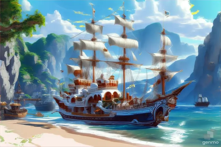 a painting of a pirate ship on the beach