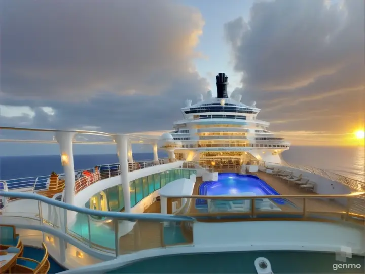  zoom in on the deck of a cruise ship at sunset, surrounded by  the sparkling ocean