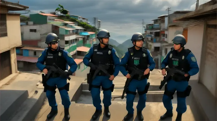 3 police men going up the favela, slun, day brazil, hiper realistic