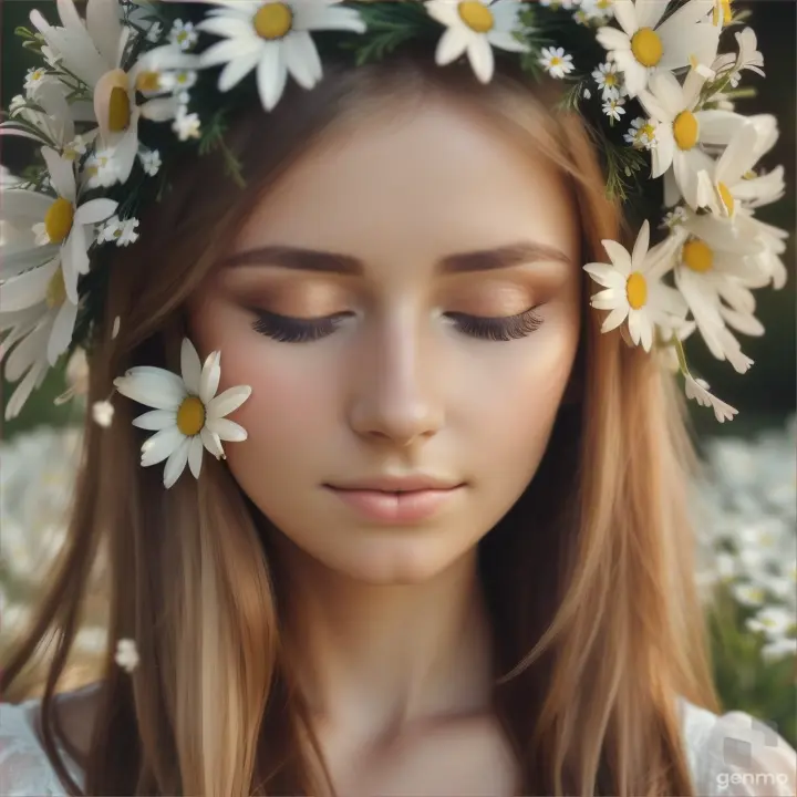 A beautiful European young woman opens her eyes and closes her eyelids. The girl blinks slowly. A wreath of white daisies on her head.