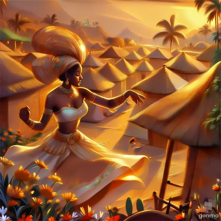 a painting of a woman dancing in a village