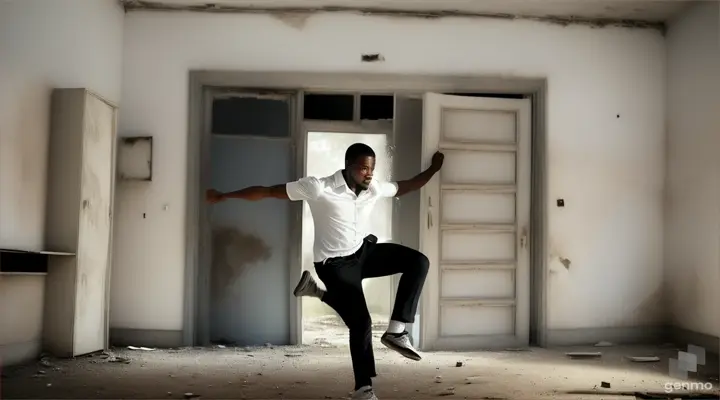 A black man wearing a white shirt kicking in a door of an abandoned house, realistic