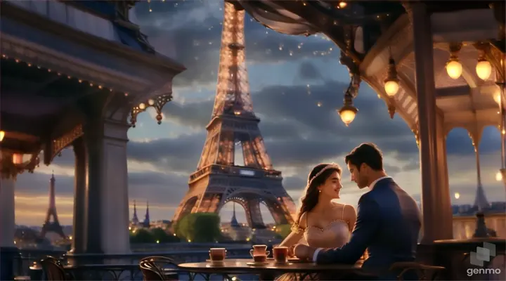 a man and woman sitting at a table in front of the eiffel tower