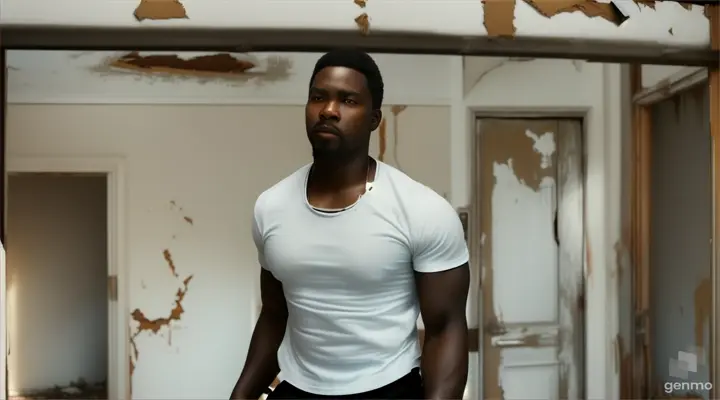 
A black man wearing a white t-shirt kicking in a door of an abandoned house, realistic