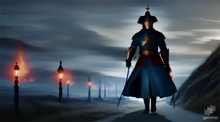a medieval soldier with a blue coat framed on his shoulders walks in a dark night with a great torch in one hand and a red and white flag in the other hand, fantasy, dark, gothic 
