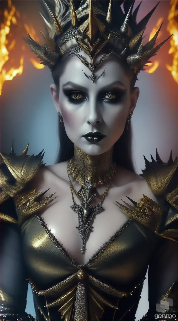 The beautiful Queen of Demons, nightmare, and icy hell, in an extravaganza of fire, in the other world, in clothes made of metal, skin and bones, with spikes, icy demonic eyes, ice and flame, the play of light and shadows, surrealism, dark fantasy, absolute cinematography, surreal demonic background, hyper -realism
