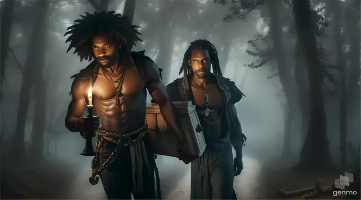 a Caribbean man with a dog's head, torn clothing, he has a small coffin on his back like a bag, three candles are on the coffin, he has chains around his waist and arms