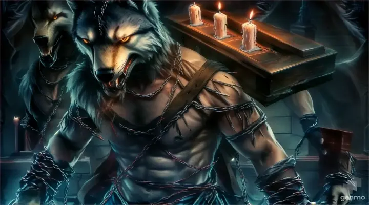 a man in chains holding a box with candles on it