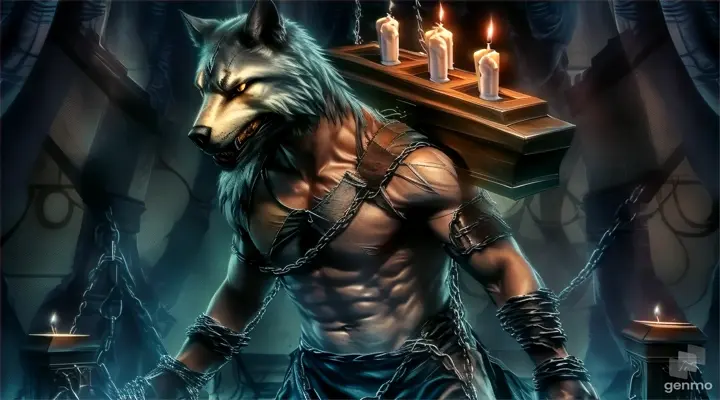 a man in chains holding a box with candles on it
