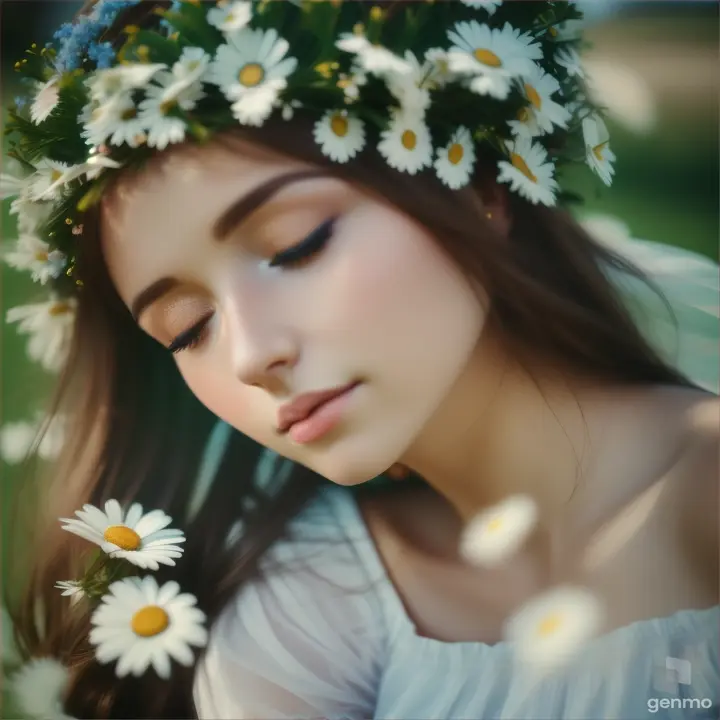 A beautiful European young woman opens her eyes and closes her eyelids. The girl blinks slowly. A wreath of white daisies on her head.