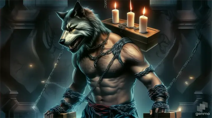 a man in chains holding a box with candles on it