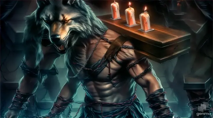 a man in chains holding a box with candles on it