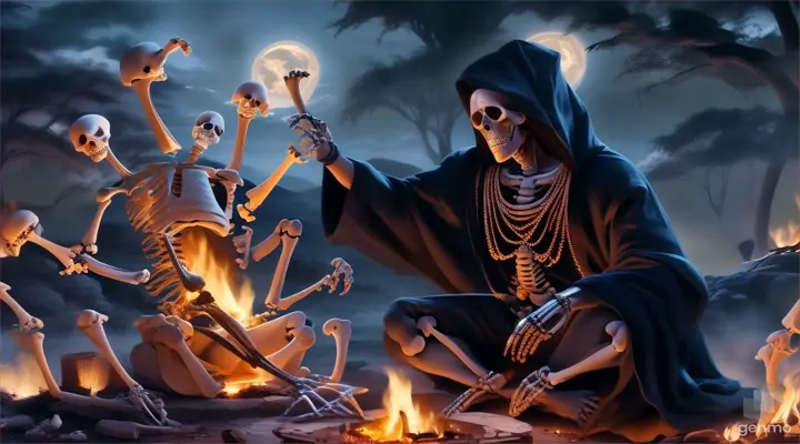 a painting of a skeleton sitting in front of a fire
