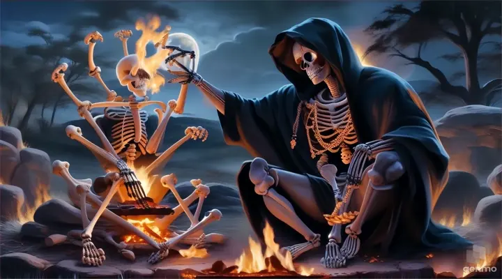 a painting of a skeleton sitting in front of a fire