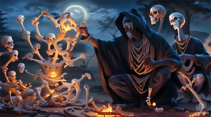 a man performs a ritual of bones sitting in front of a fire
