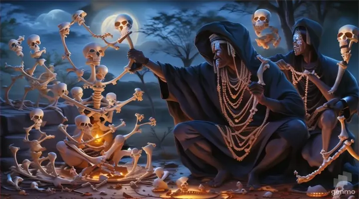 a man performs a ritual of bones sitting in front of a fire
