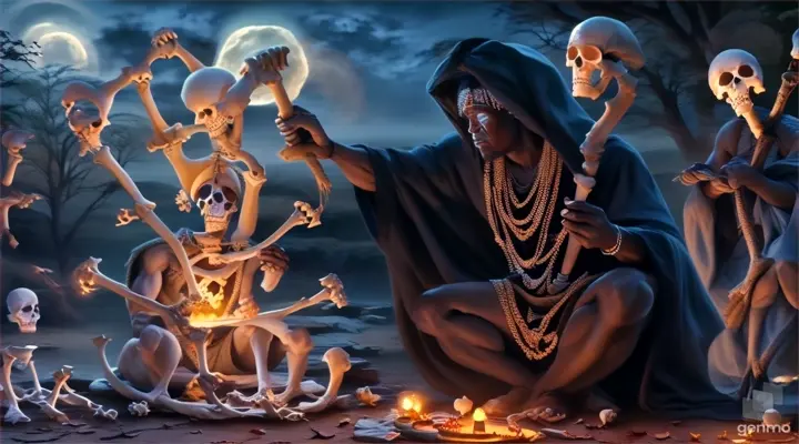 a man performs a ritual of bones sitting in front of a fire