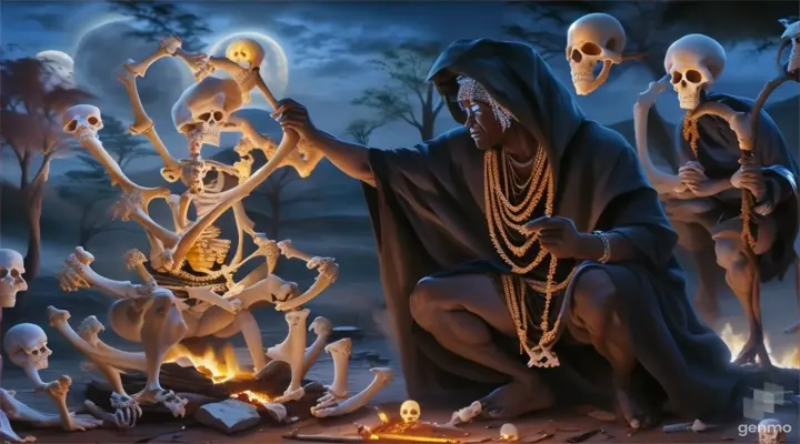 a man performs a ritual of bones sitting in front of a fire