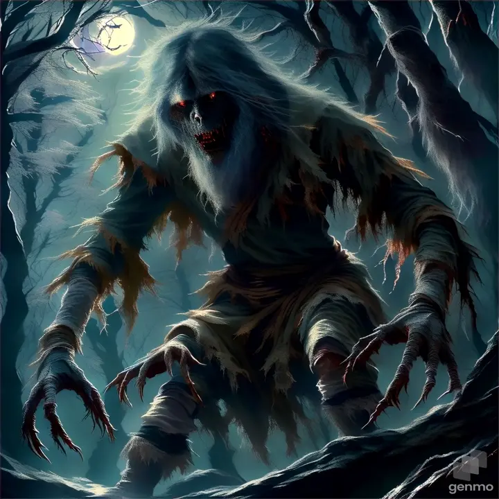 a creepy creature in the woods with a full moon in the background
