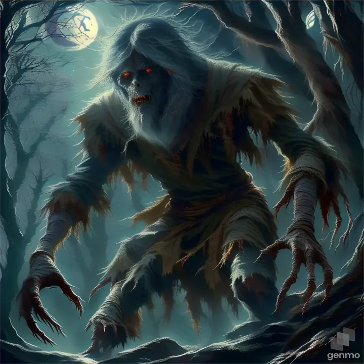 a creepy creature in the woods with a full moon in the background