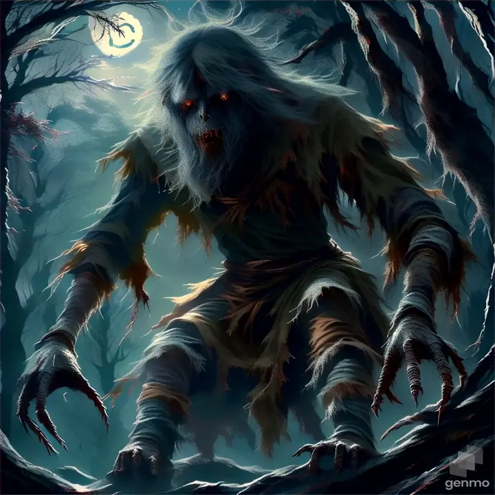 a creepy creature in the woods with a full moon in the background