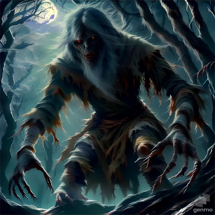 a creepy creature in the woods with a full moon in the background