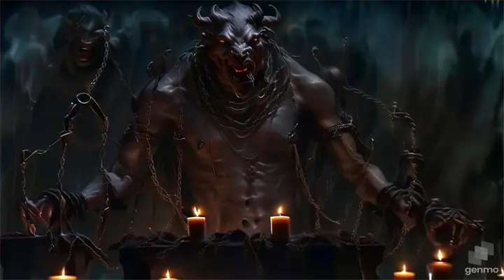 a demon with chains around his body surrounded by candles