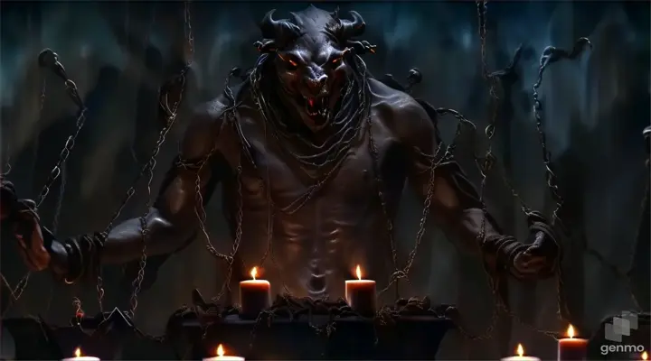 a demon with chains around his body surrounded by candles