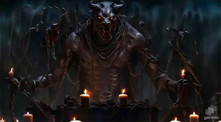 a demon with chains around his body surrounded by candles