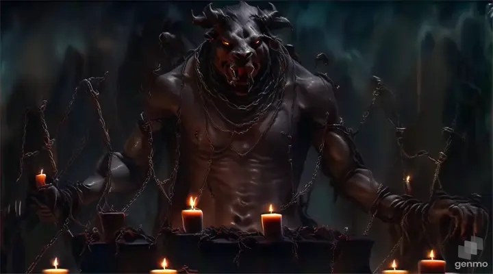 a demon with chains around his body surrounded by candles