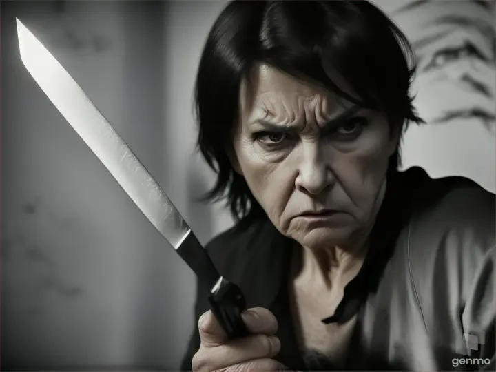 A 50-year-old woman with an angry face, black hair, holding a knife and attacking, realistic