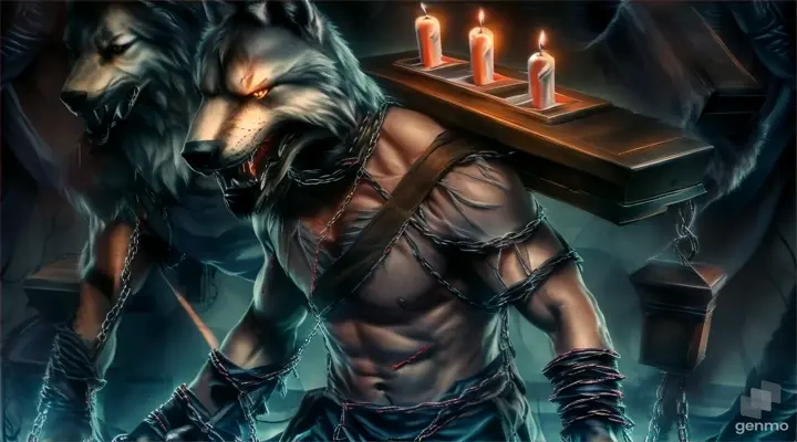 a man in chains holding a box with candles on it