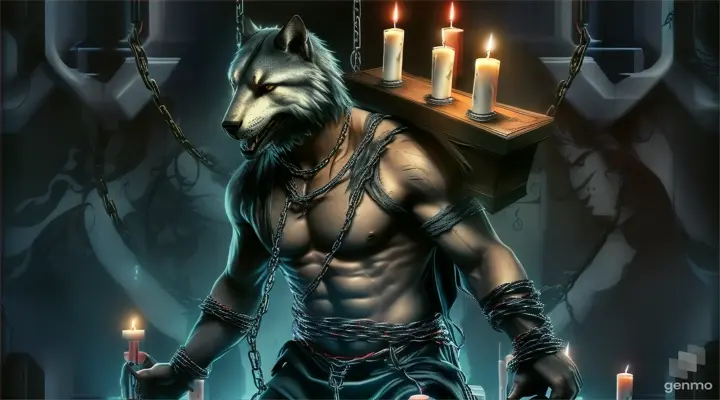 a man in chains holding a box with candles on it