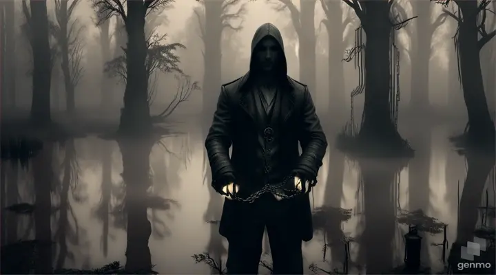 A man in chains holding a candlelit box in a misty, eerie swamp with skeletal trees