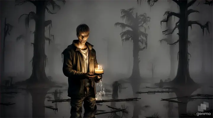 A man in chains holding a candlelit box in a misty, eerie swamp with skeletal trees